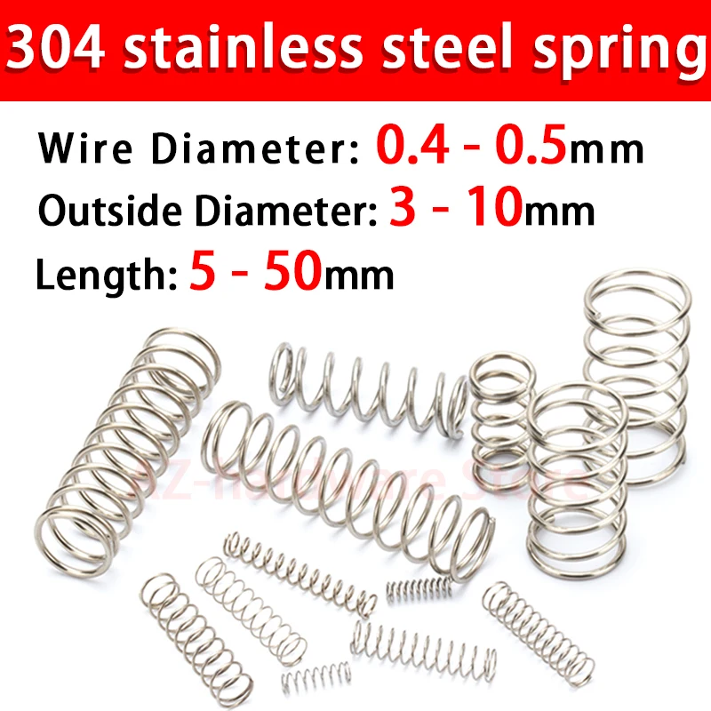 304 Stainless Steel Compression Spring Return Spring Steel Wire Diameter 0.4~0.5mm Outside Diameter 3~10mm 10 Pcs